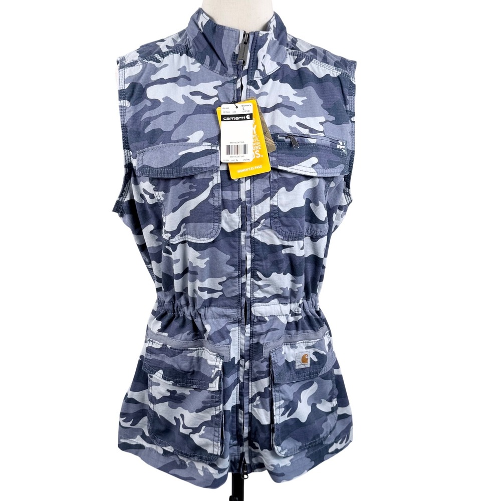Carhartt Women L El Paso Utility Vest Blue Camo Ripstop 11-Pocket Gorpcore Retro